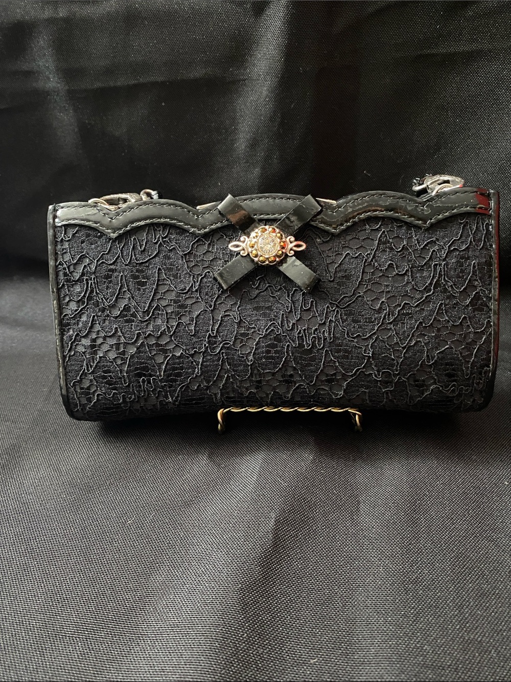 Brighton Black Lace Clutch with Bow and Jeweled Accent